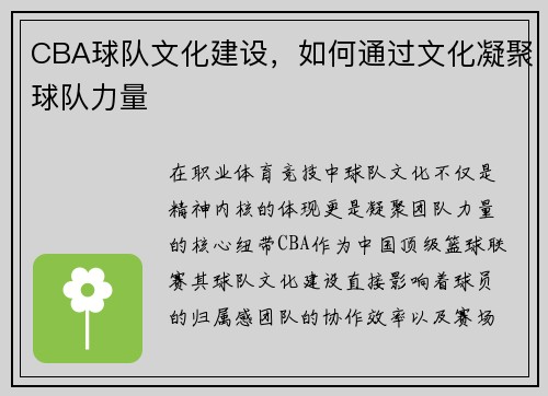 CBA球队文化建设，如何通过文化凝聚球队力量